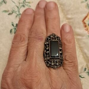 Vintage Black Onyx And Marcacite Sterling Ring 7,5 To8 Ring Size Goth